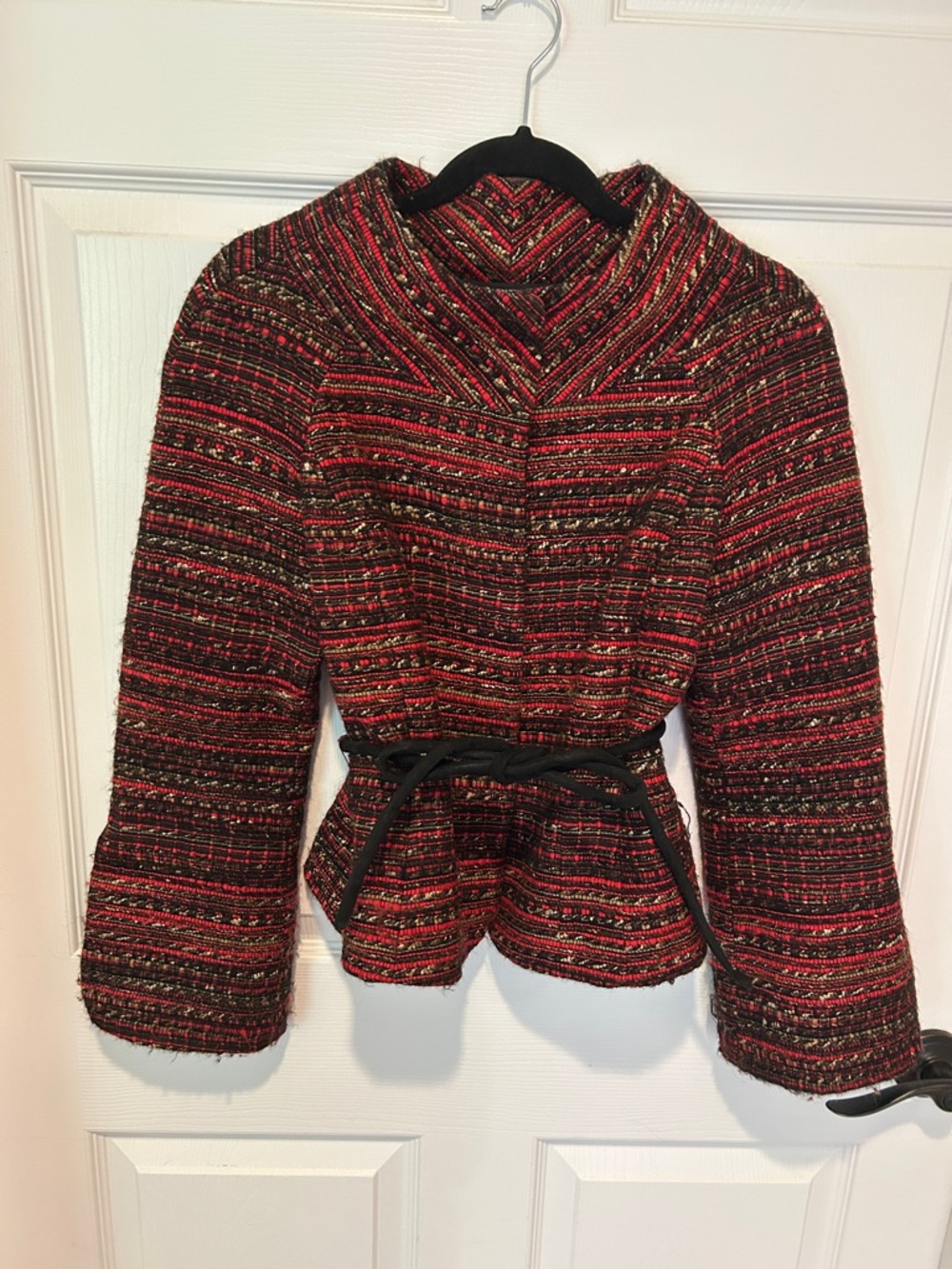Ellen Tracy Red & Black Tweed Belted Jacket